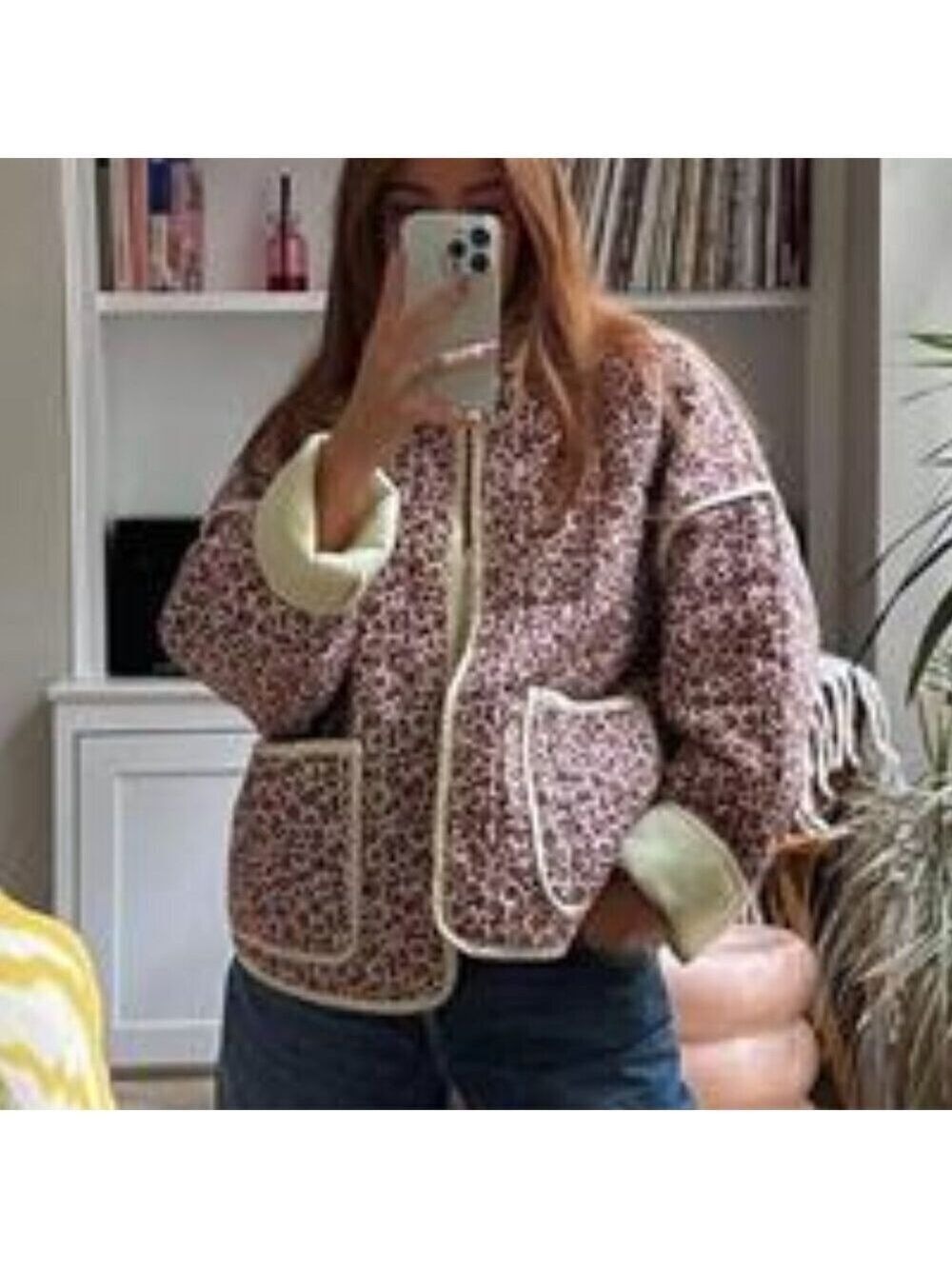 Women's Floral Quilted Puffer Jacket Stand Collar Cropped - Picture 6 of 6